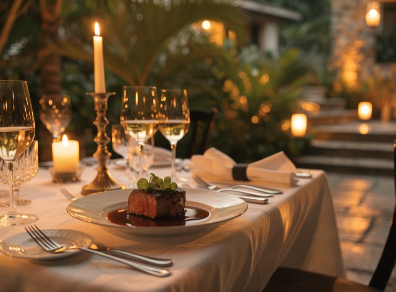 An intimate candlelit dining table